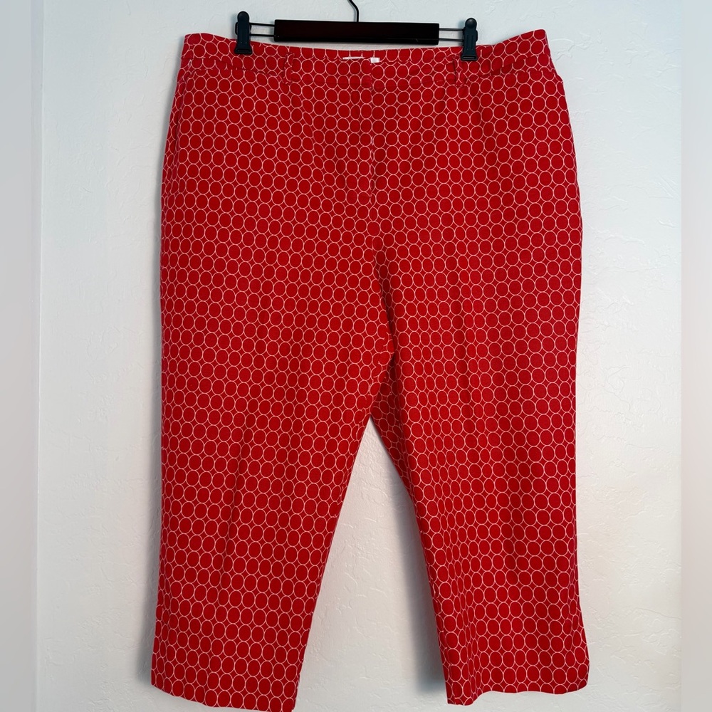 Talbots Womens Stretch Cropped Pants Sz 18 Red/White Circle Pattern Casual Wear